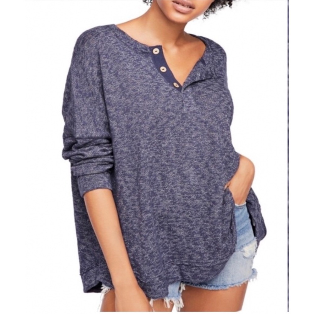 Free People FP Beach Sleep to Dream Knit Henley Top Blue M Oversized Boho Indie